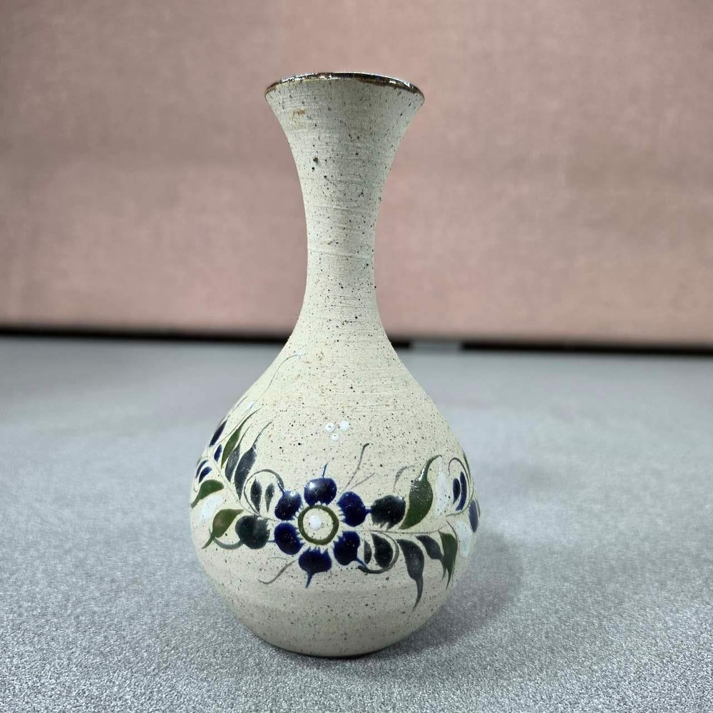 Ken Edwards Tonala Bud Vase Mexico Blue Floral Signed Pottery Excellent